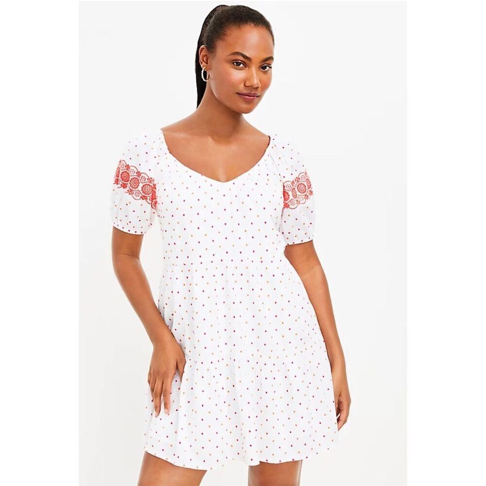 LOFT Women's Mini White Dot Embroidered Tiered Swing Dress Size Lโ